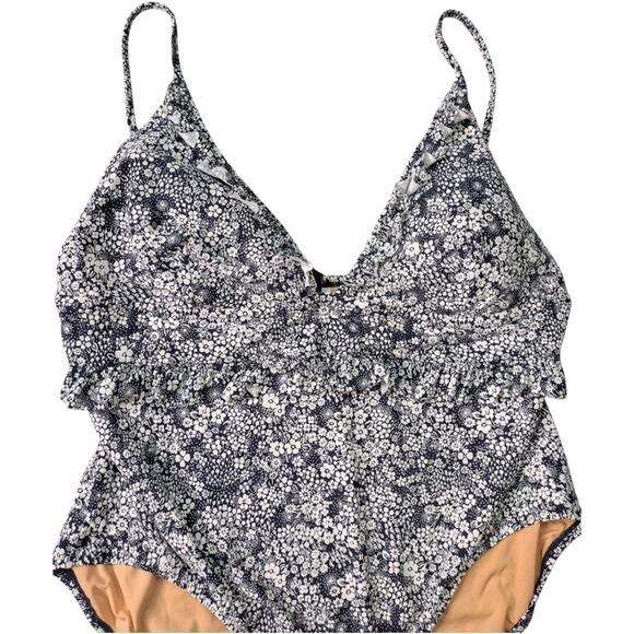 J. Crew Ruffle V Neck One Piece Swimsuit Womens 24 Valley Floral Blue Swimwear - Picture 2 of 13